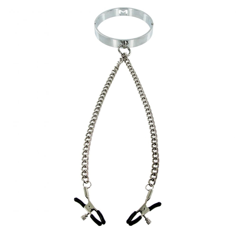 Chrome Slave Collar with Nipple Clamps-S/M